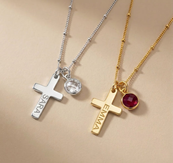 Custom engraved cross necklaces with birthstone charms in silver and gold, personalized Christian jewelry