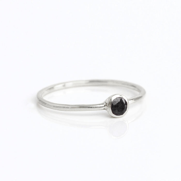 sterling silver dainty 3mm black onyx gemstone ring. december birthstone. On white background. 925 sterling silver, birthstone ring, stacking ring, stackable, birthstone jewelry, facet gemstone