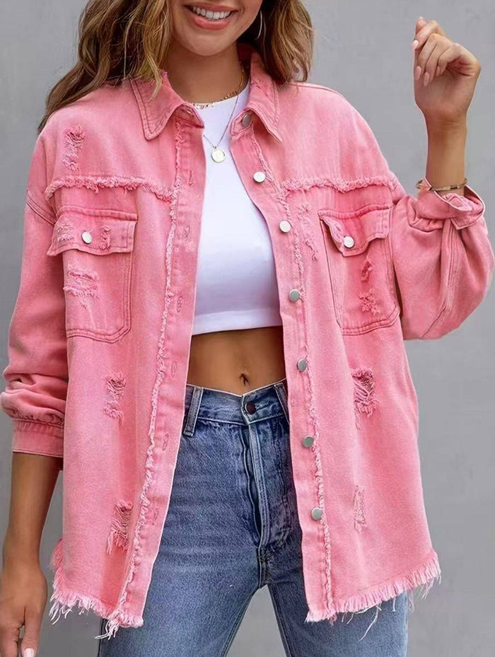 Denim Coat with Lapel and Ripped Raw Edge