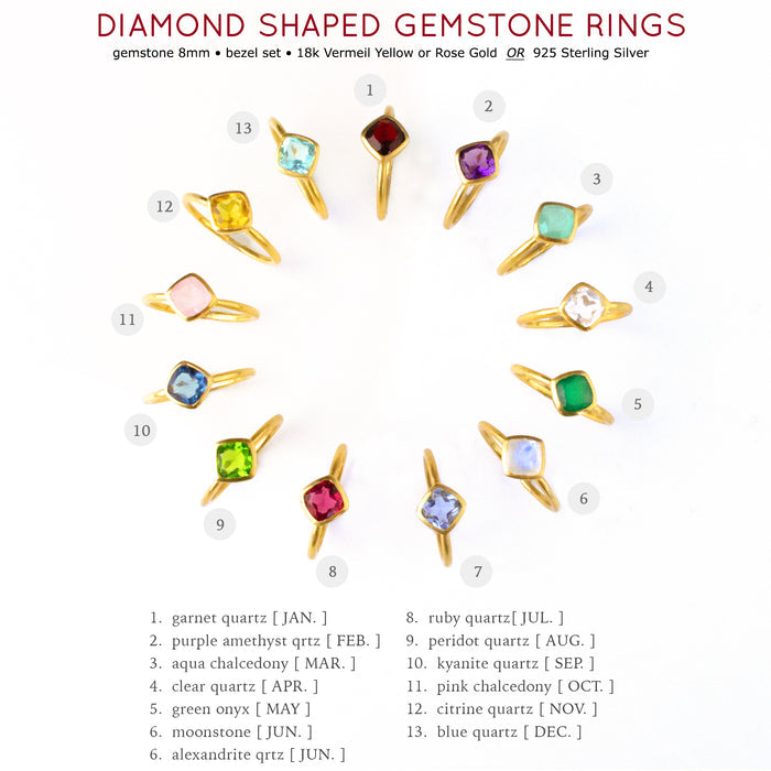 diamond shaped gemstones diamond shape birthstone rings are available in garnet, purple amethyst, aqua chalcedony, clear quartz, green onyx, moonstone, alexandrite, ruby, peridot, kyanite, pink chalcedony or blue quartz