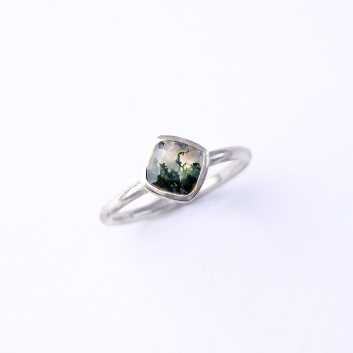 Diamond Shape Moss Agate Stacking Ring | August Birthstone, Custom diamond birthstone ring for mom, Sterling Silver, 18k Gold Vermeil Gemstone Ring
