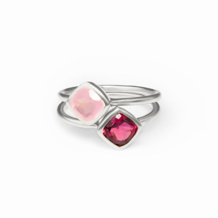 Diamond Shape Pink Chalcedony Stacking Ring | October Birthstone, Custom diamond birthstone ring mom, Sterling Silver, 18k Gold Vermeil Gemstone Ring
