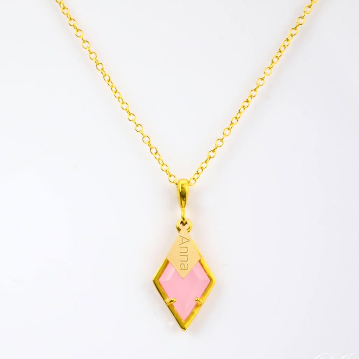 Diamond Shaped Birthstone and Name Necklace : October Pink Chalcedony