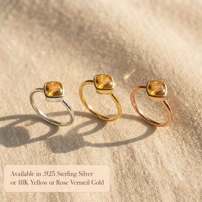 Citrine rings in sterling silver, yellow gold and rose gold vermeil