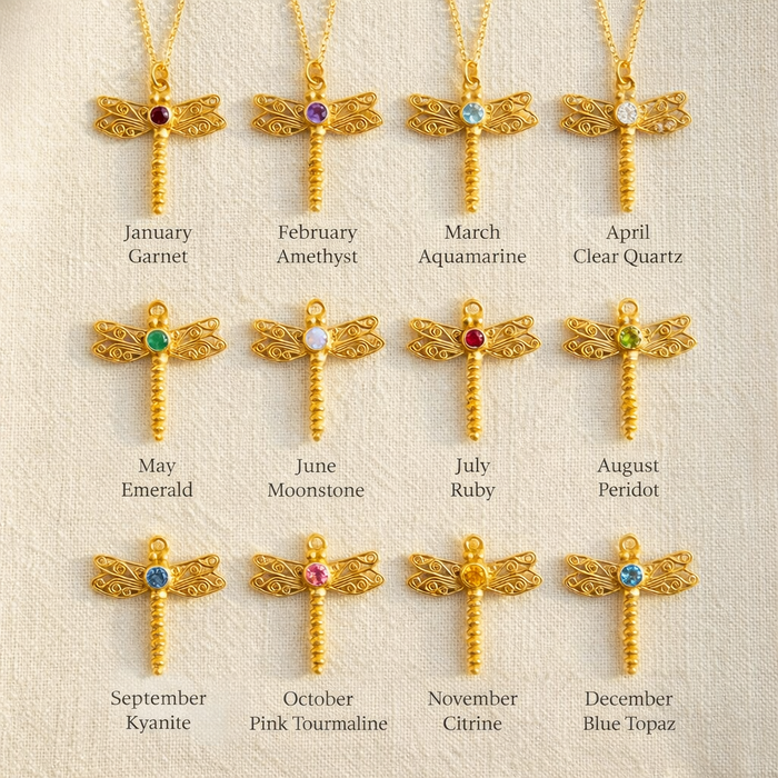 Birthstone month chart showing dragonfly pendant necklace with different birthstone colors, personalized custom birthstone necklace options for all 12 months, sterling silver / gold vermeil / rose gold vermeil, gift guide for birthdays, Mother’s Day, graduation, bridesmaids