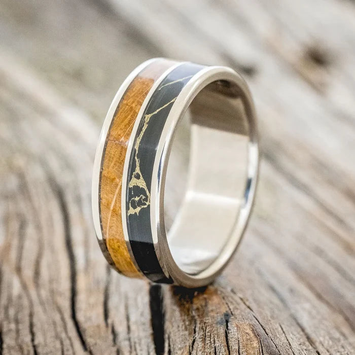"DYAD" - WHISKEY BARREL OAK WITH BLACK & GOLD MATRIX TRUSTONE WEDDING BAND - TITANIUM - SIZE 10 1/2-Staghead Designs