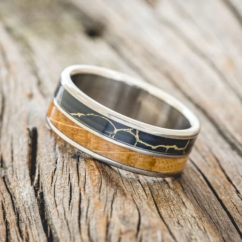 "DYAD" - WHISKEY BARREL OAK WITH BLACK & GOLD MATRIX TRUSTONE WEDDING BAND - TITANIUM - SIZE 10 1/2-Staghead Designs