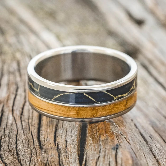 "DYAD" - WHISKEY BARREL OAK WITH BLACK & GOLD MATRIX TRUSTONE WEDDING BAND - TITANIUM - SIZE 10 1/2-Staghead Designs
