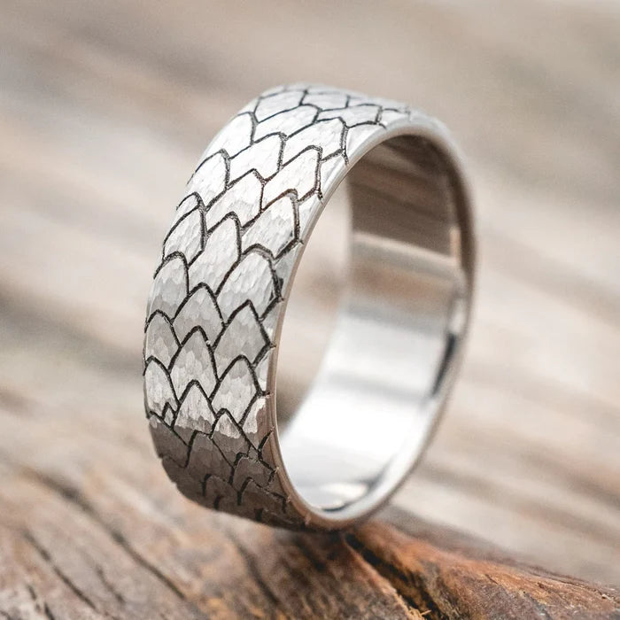 "ECHO" - HAMMERED CUSTOM EMBOSSED DRAGON SCALE WEDDING RING - TITANIUM - SIZE 11-Staghead Designs