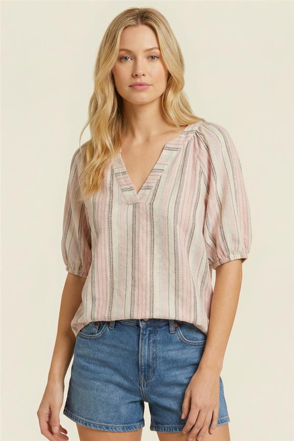 Elbow Sleeve Split Neck Stripe Blouse
