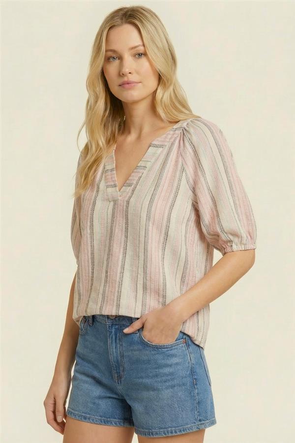 Elbow Sleeve Split Neck Stripe Blouse