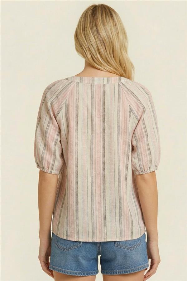 Elbow Sleeve Split Neck Stripe Blouse