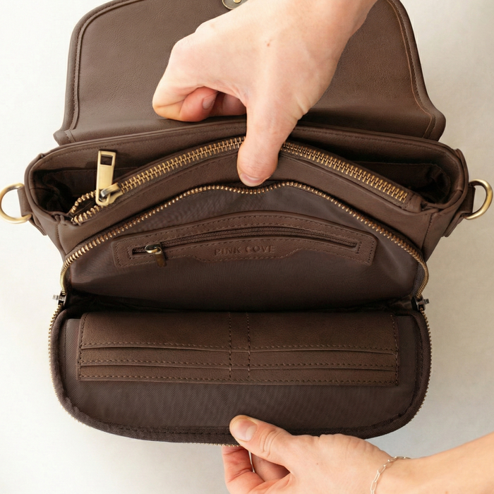 Brown leather bag with brass zippers held open by a hand on a neutral background