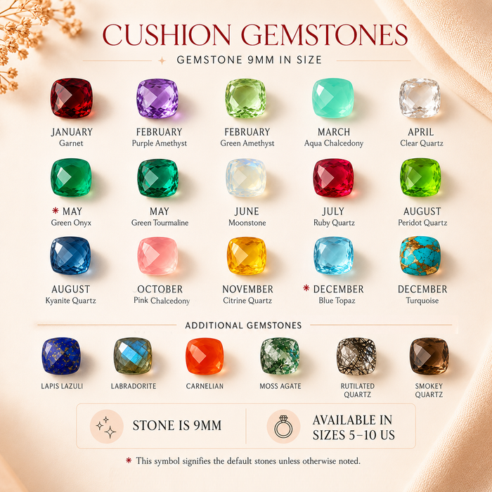 Cushion gemstone chart showing available 9mm stone options for custom gemstone rings, including emerald quartz and birthstones.