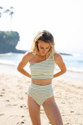 Emma High Waisted Bottoms | Olive Striped Ribbed Full Coverage with Supportive Band