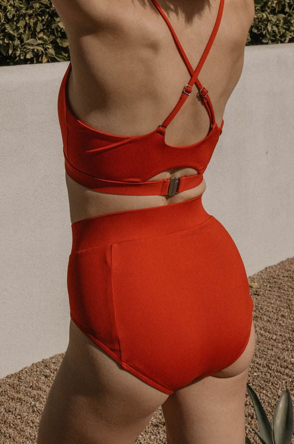 Emma High Waisted Bottoms | Scarlet Ribbed High Coverage with Supportive Band