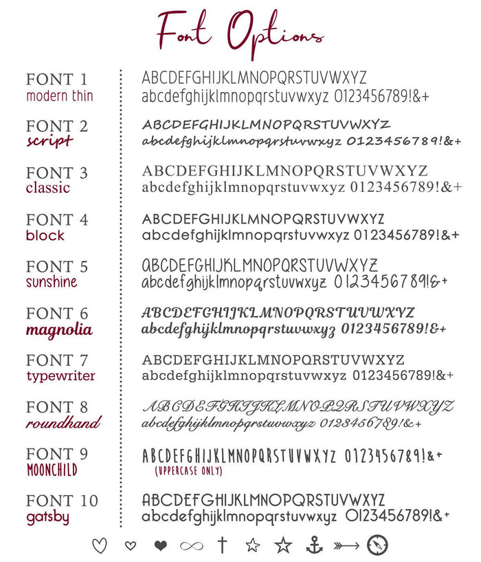 font options font 1 modern thin font 2 script font 3 classic font 4 block font 5 sunshine font 6 magnolia font 7 typewriter font 8 roundhand font 9 moonchild font 10 gatsby