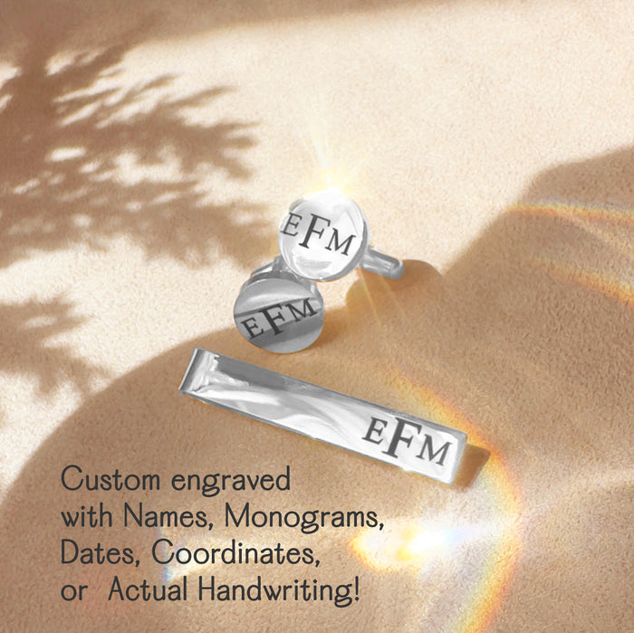 Silver tie bar and cufflinks engraved with initials “EFM,” styled with satin background. Personalized gift for groom, Father of the Groom, or groomsmen. Great for weddings, anniversaries, graduations, and Christmas. Gift-ready packaging included.