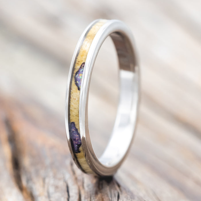 "RAINIER" - MATCHING SET OF BUCKEYE BURL WOOD WITH SUGILITE & OPAL MIX WEDDING BANDS-Staghead Designs