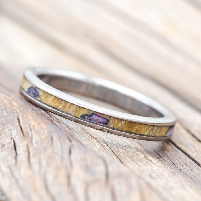 "RAINIER" - MATCHING SET OF BUCKEYE BURL WOOD WITH SUGILITE & OPAL MIX WEDDING BANDS-Staghead Designs
