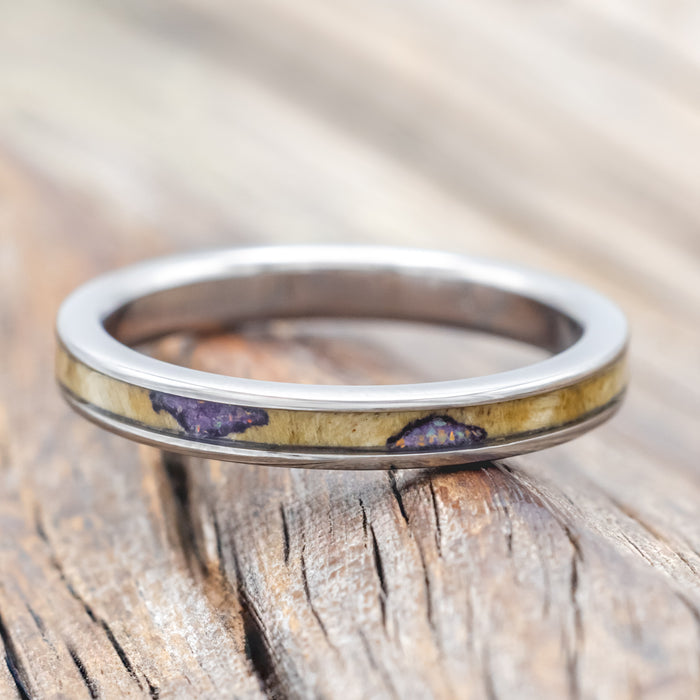"RAINIER" - MATCHING SET OF BUCKEYE BURL WOOD WITH SUGILITE & OPAL MIX WEDDING BANDS-Staghead Designs