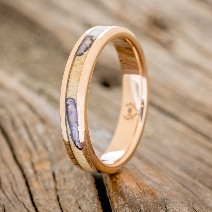 "RAINIER" - MATCHING SET OF BUCKEYE BURL WOOD WITH SUGILITE & OPAL MIX WEDDING BANDS-5