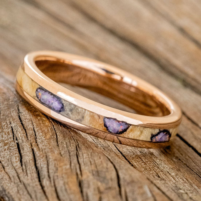 "RAINIER" - MATCHING SET OF BUCKEYE BURL WOOD WITH SUGILITE & OPAL MIX WEDDING BANDS-6