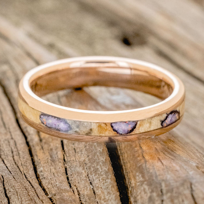 "RAINIER" - MATCHING SET OF BUCKEYE BURL WOOD WITH SUGILITE & OPAL MIX WEDDING BANDS-7