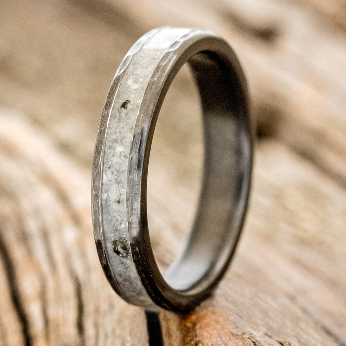 "PERENNA" - MOONSTONE STACKING BAND FEATURING BLACK ZIRCONIUM WITH HAMMERED EDGES-1