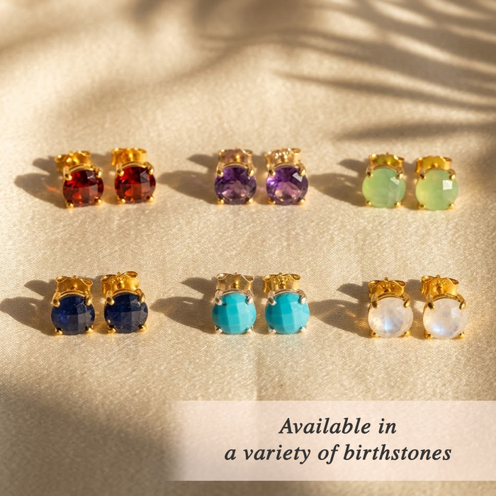 Birthstone stud earrings collection faceted gemstones gold prong set studs all months jewelry gift guide