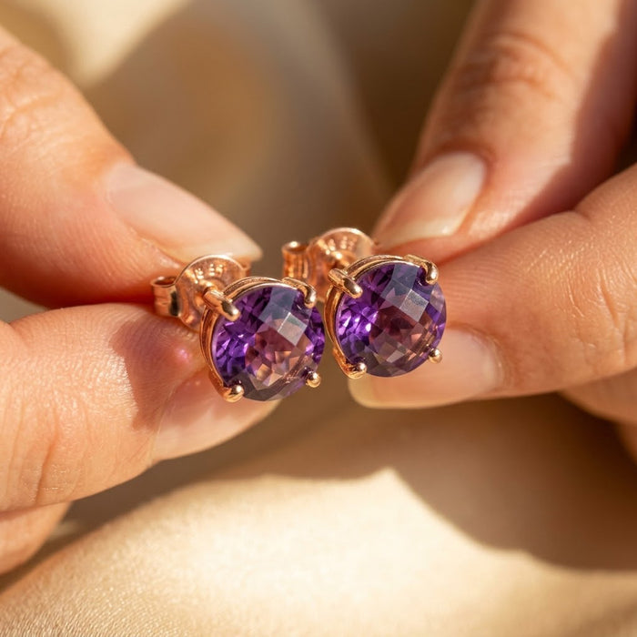 Purple gemstone stud earrings faceted amethyst birthstone prong set gold earrings gift for her