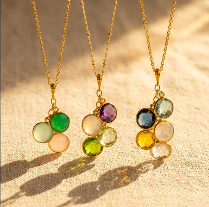 Medium round pendant birthstone chart showing gemstone options by month for family necklaces