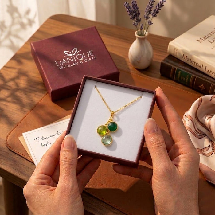 Danique Jewelry gift box with personalized family birthstone necklace packaged for gifting
