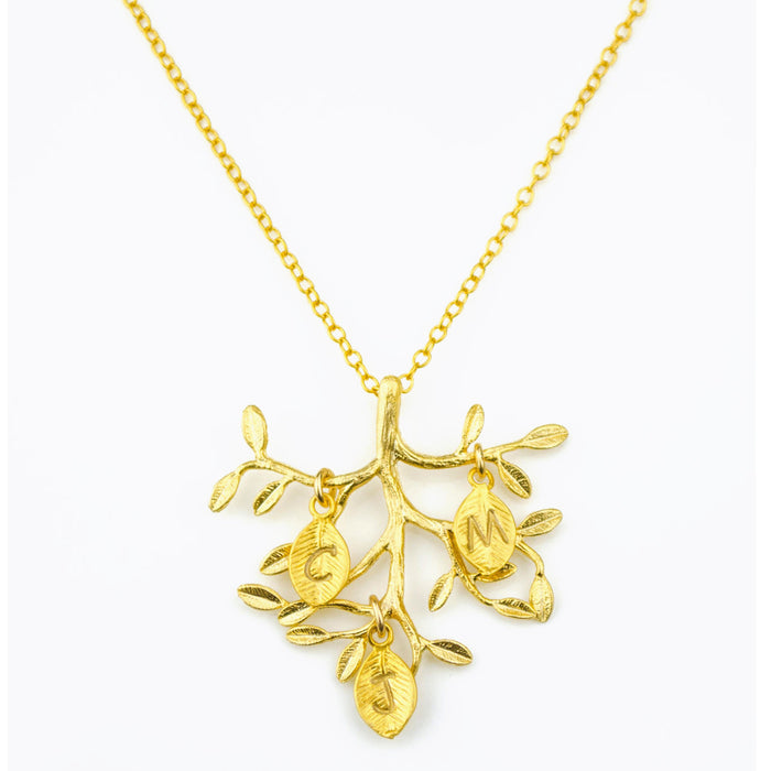 Family Tree Necklace with Dangling Hand Stamped Leaf Initial Charms