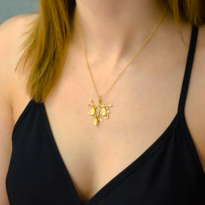 Family Tree Necklace with Dangling Hand Stamped Leaf Initial Charms