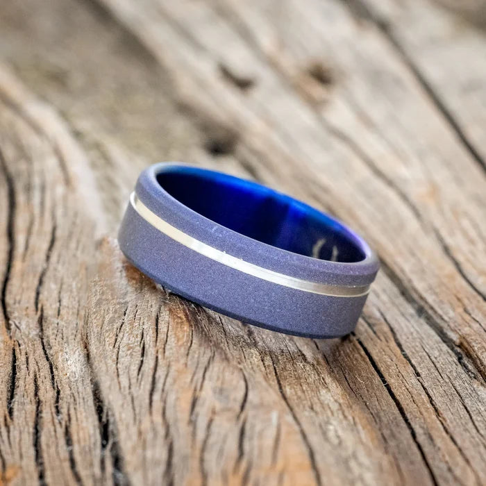 FIRE-TREATED & SANDBLASTED WEDDING BAND WITH AN OFFSET GROOVE - TITANIUM - SIZE 10-Staghead Designs