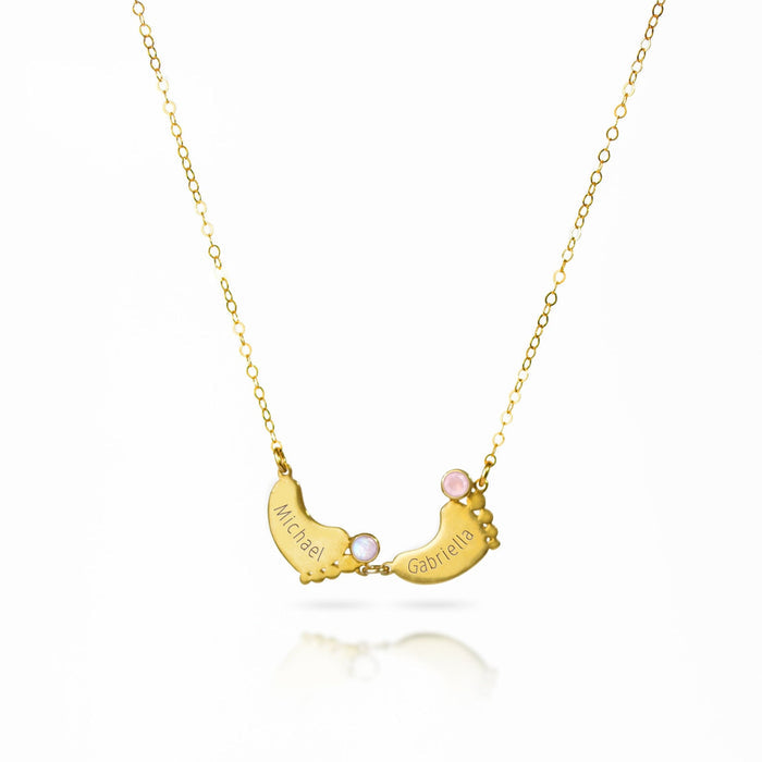 Footprint Charm Horizontal Connector Necklace with Engraved Kid's Names and Birthstones