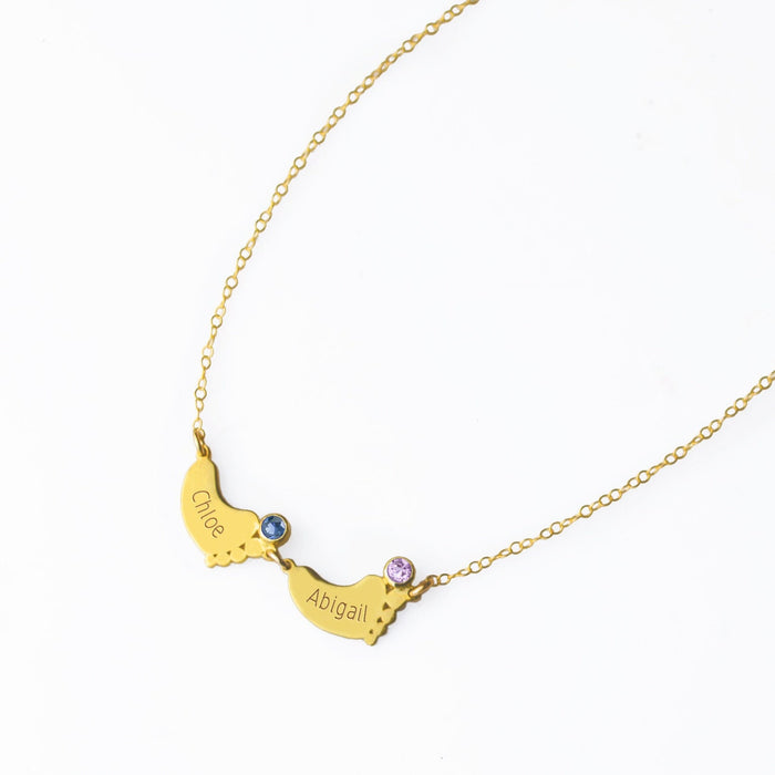 Footprint Charm Horizontal Connector Necklace with Engraved Kid's Names and Birthstones