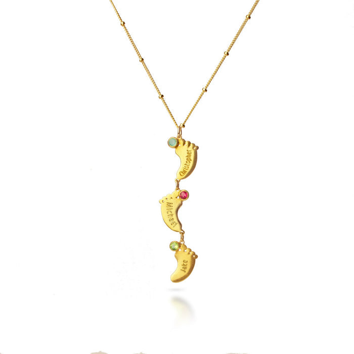 Footprint Charm Vertical Drop Pendant Necklace with Engraved Kid's Names and Birthstones