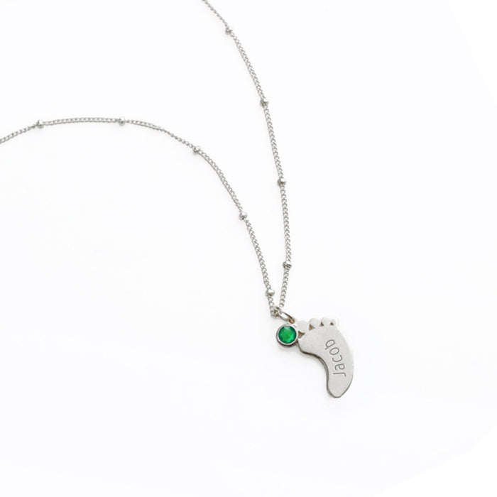Footprint Charm Vertical Drop Pendant Necklace with Engraved Kid's Names and Birthstones