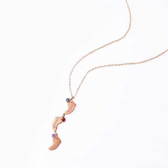 Footprint Charm Vertical Drop Pendant Necklace with Engraved Kid's Names and Birthstones