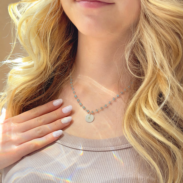 Gemstone Daisy Chain Necklace with Custom Initial, Sterling Silver or Gold, Natural Crystal Choker, Personalized Unique Wire Wrapped Gift for Her