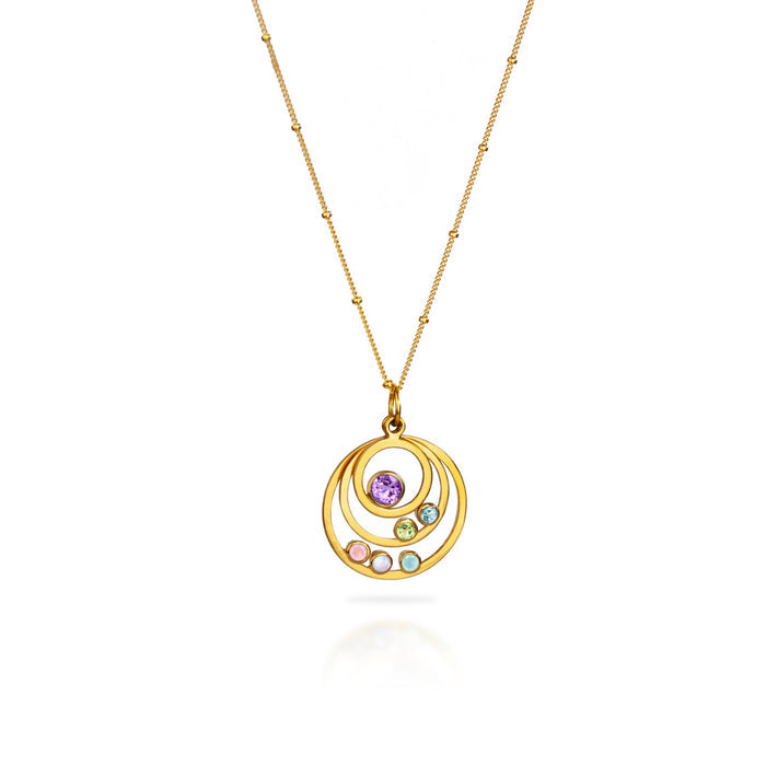 Single gold filled orbital necklace features a satellite chain with purple amethyst, peridot, blue topaz, pink chalcedony, moonstone and aqua chalcedony.