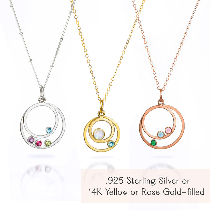Generational orbit necklace in sterling silver, yellow gold, and rose gold filled, customizable with family birthstones for mom or grandma, personalized multi-birthstone jewelry.