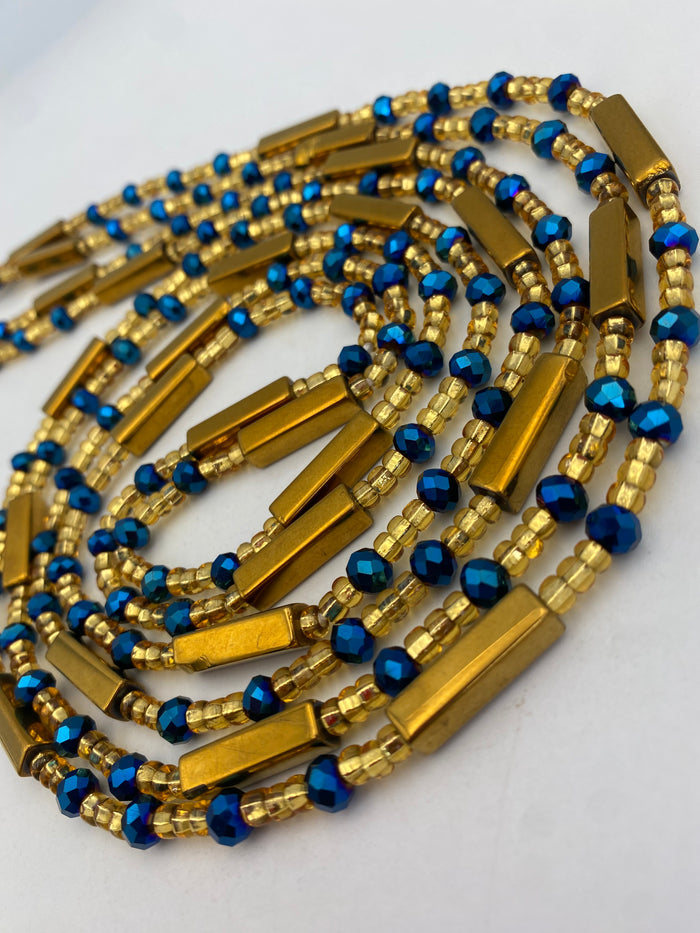 Gold & Blue crystal| Multicolored | WaistBead | Crystal Waist Bead | Tie On | 45” -50”