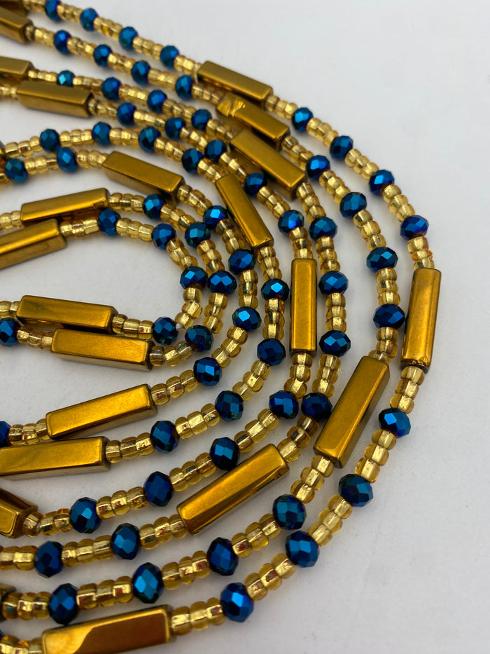Gold & Blue crystal| Multicolored | WaistBead | Crystal Waist Bead | Tie On | 45” -50”