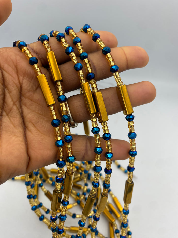 Gold & Blue crystal| Multicolored | WaistBead | Crystal Waist Bead | Tie On | 45” -50”