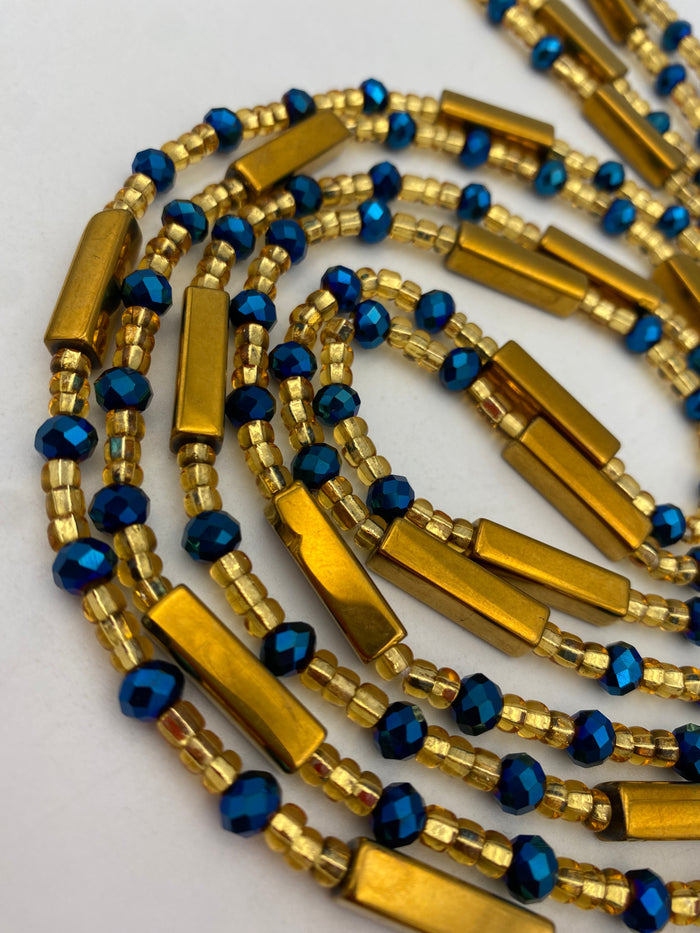 Gold & Blue crystal| Multicolored | WaistBead | Crystal Waist Bead | Tie On | 45” -50”