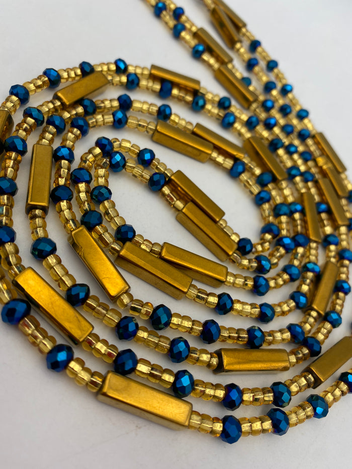 Gold & Blue crystal| Multicolored | WaistBead | Crystal Waist Bead | Tie On | 45” -50”