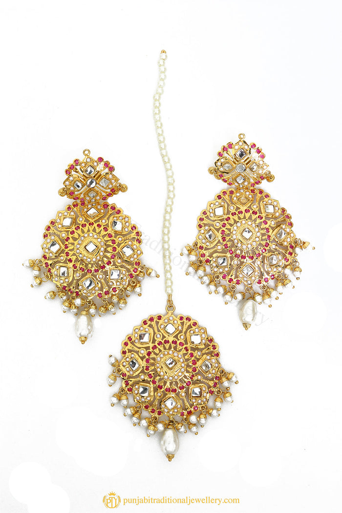 Gold Finished Earrings & Tikka Set by PTJ